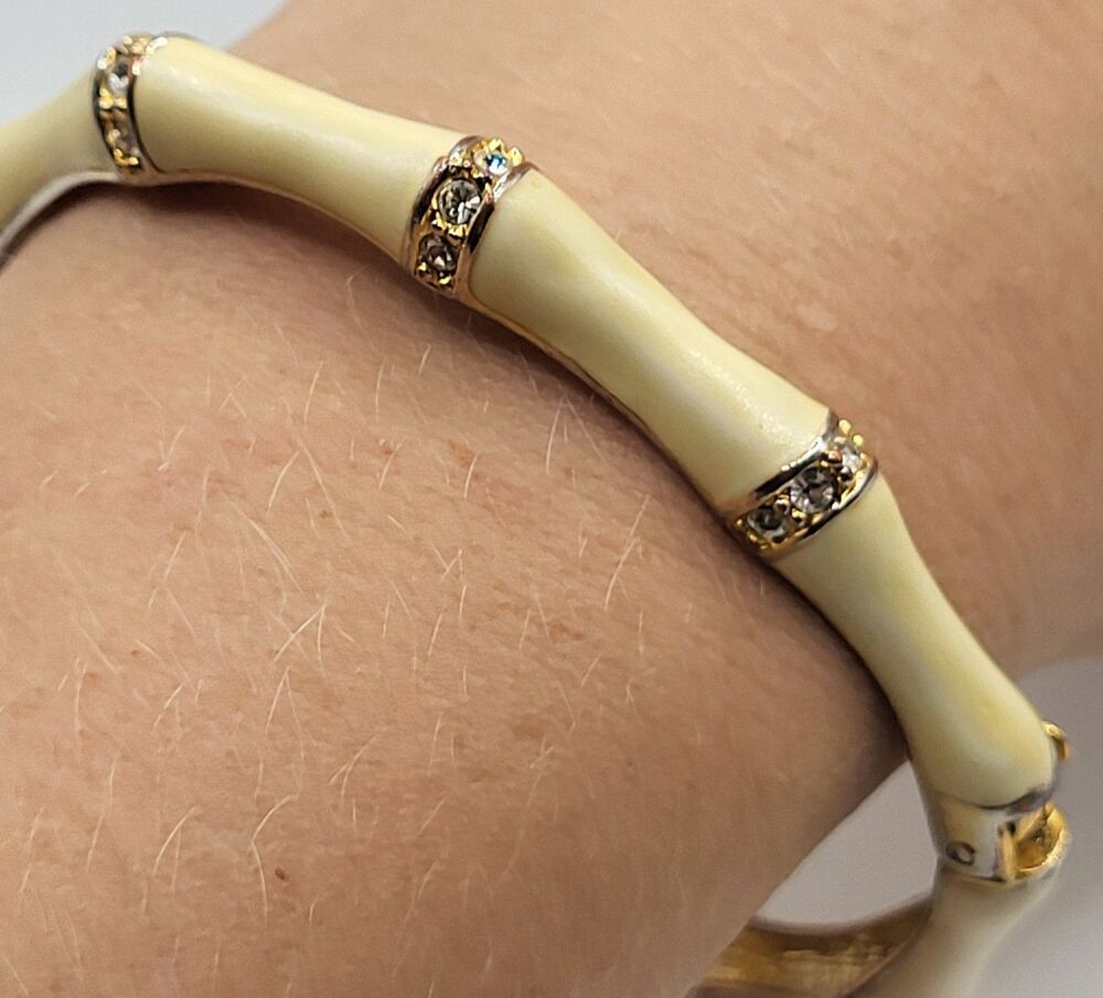 FORNASH Enamel Bamboo Bangle Bracelet Cream Ivory Gold Tone Rhinestone Hinged